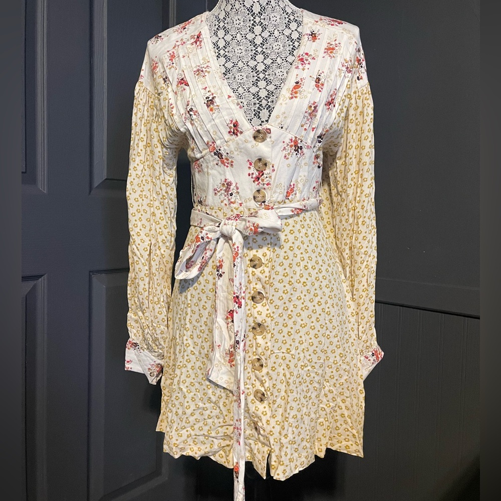 Free People Floral Long Sleeve Dress - Cream and Yellow